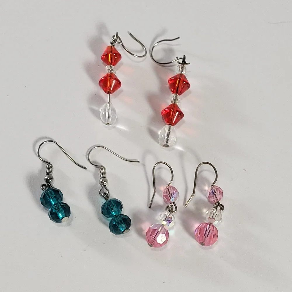 Handmade Beaded Drop Earrings Lot of 3 Multicolored Crystal Jewelry
